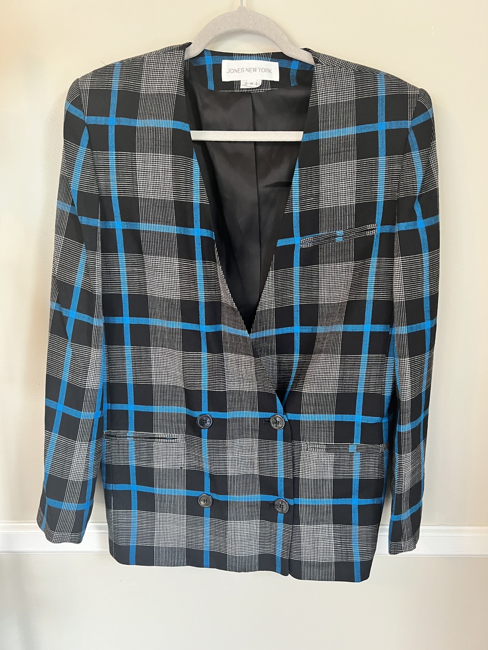 Jones New York Women's Blazer Blue Gray Black Plaid Size 8 Vintage Made in USA
